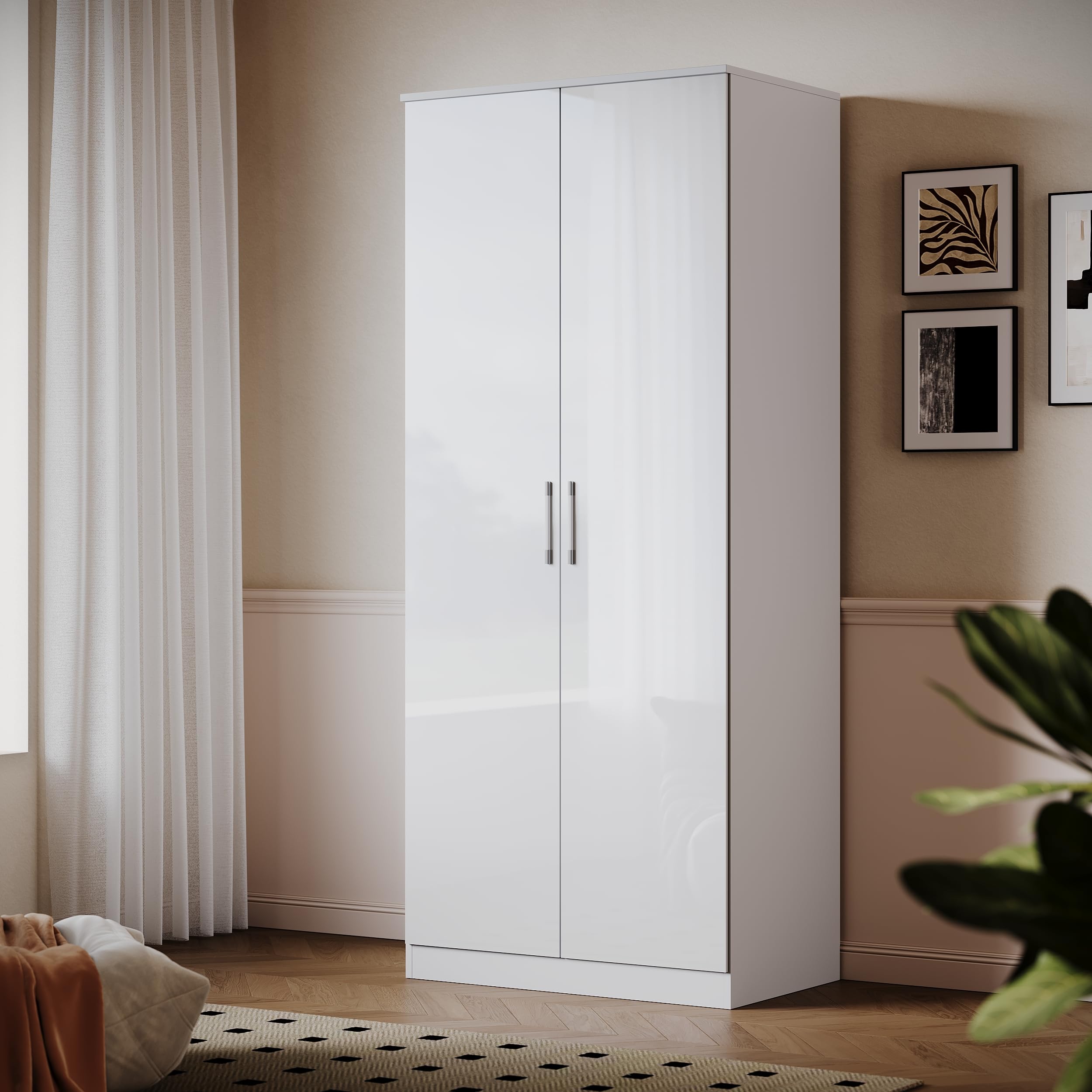 ELEGANT Modern High Gloss Soft Close 2 Doors Wardrobe White, 178x76x47cm