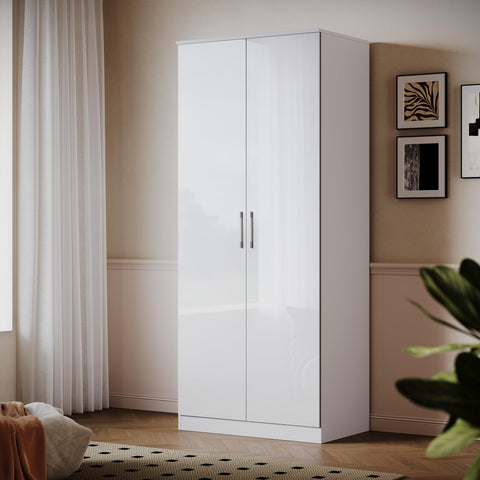 ELEGANT Modern High Gloss Soft Close 2 Doors Wardrobe White, 178x76x47cm