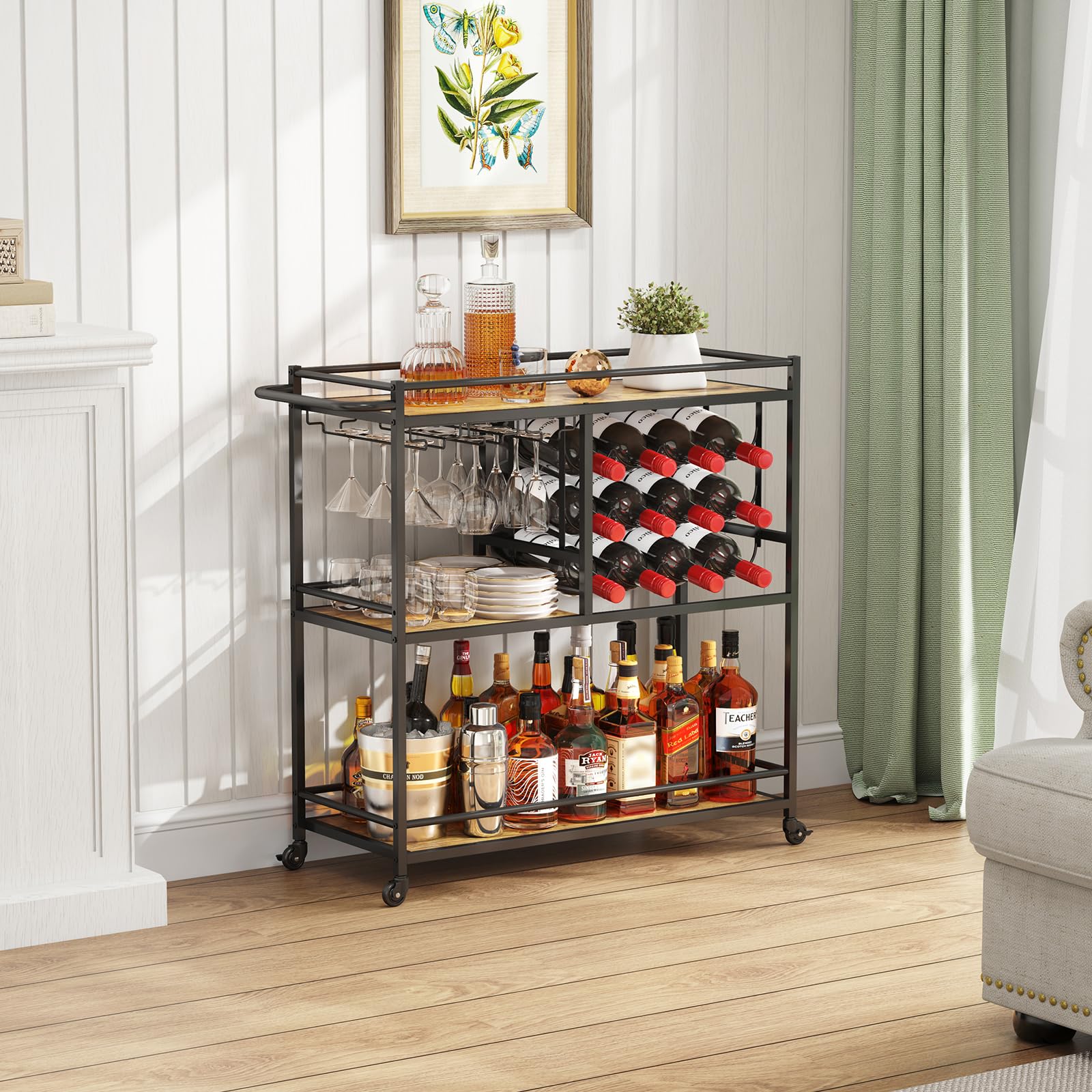Lifewit 3 Tier Drinks Trolley with Lockable Wheels,Rustic Brown