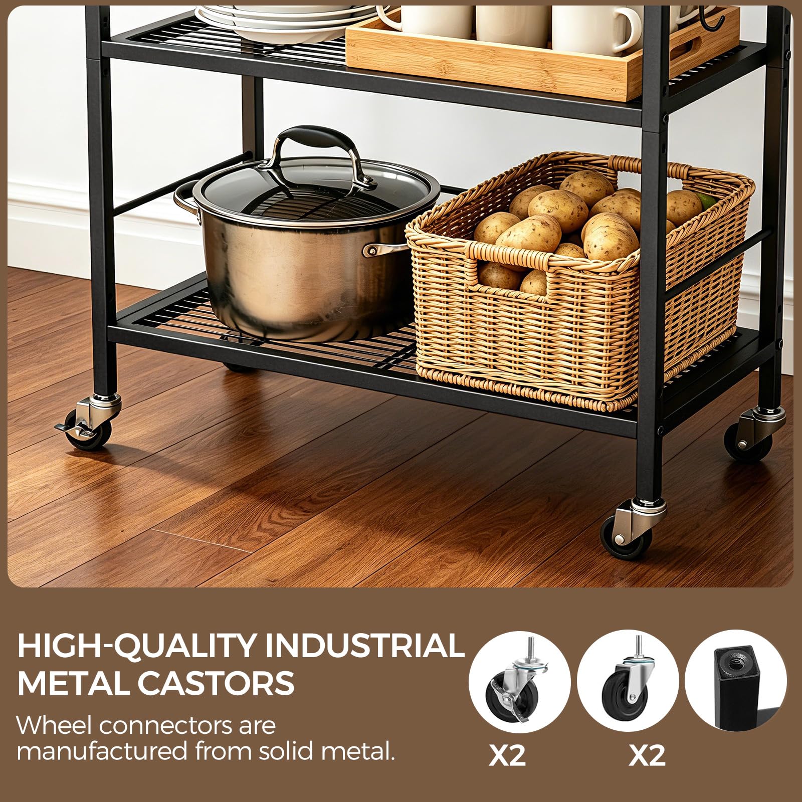 3-Tier kitchen trolley,Brown Wood Top,60W×30Dcm,4 Hooks, Adjustable Shelves