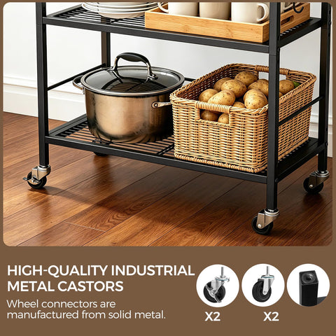 3-Tier kitchen trolley,Brown Wood Top,60W×30Dcm,4 Hooks, Adjustable Shelves