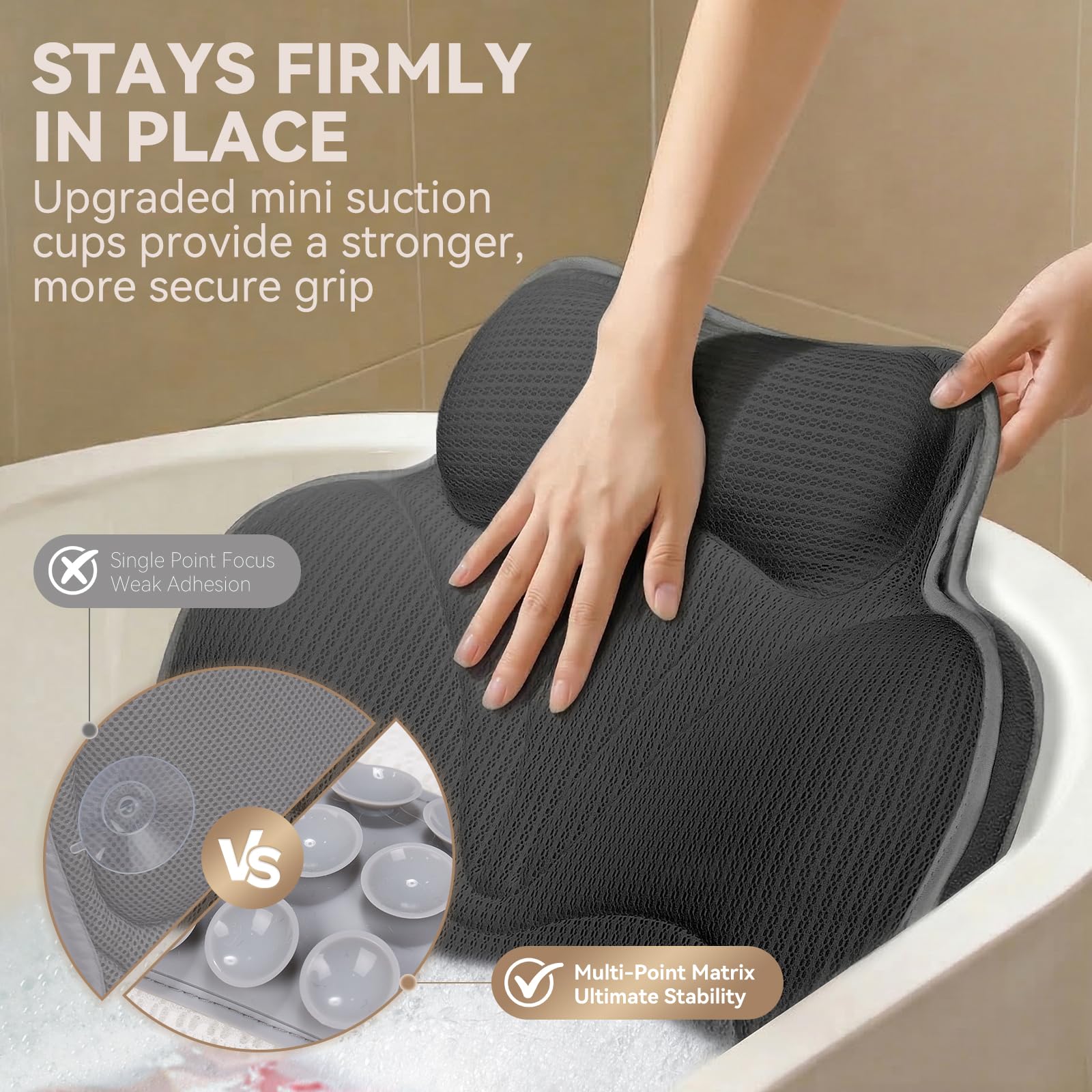 Poemland Bath Pillow for Tub - Luxury Bath Pillow for Neck, Head & Back Support, Soft 5D Mesh Quick Dry Fabric, 54 Non-Slip Suction Cups