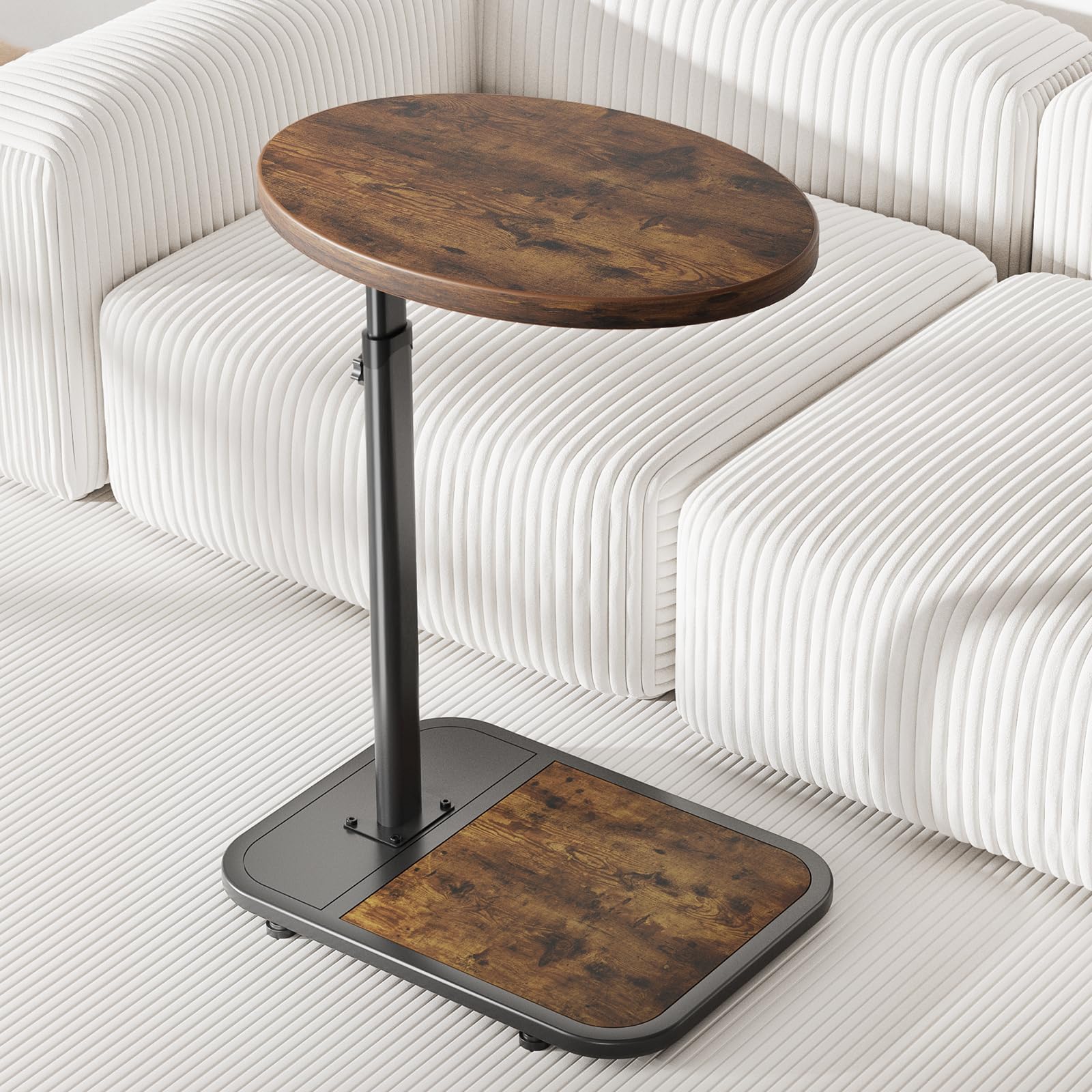 Mutool Lifting Side Table, C Shaped End Table Height Adjustable, TV Tray for Living Room Bedroom Office, Rustic Brown & Black