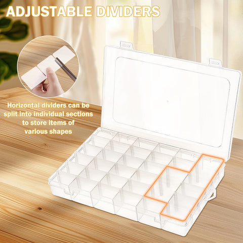 Woobroo 3 Pack 36 Compartment Storage Boxes with Adjustable Dividers – Transparent Stackable Plastic Organiser Box for Beads, DIY Crafts, Jewellery