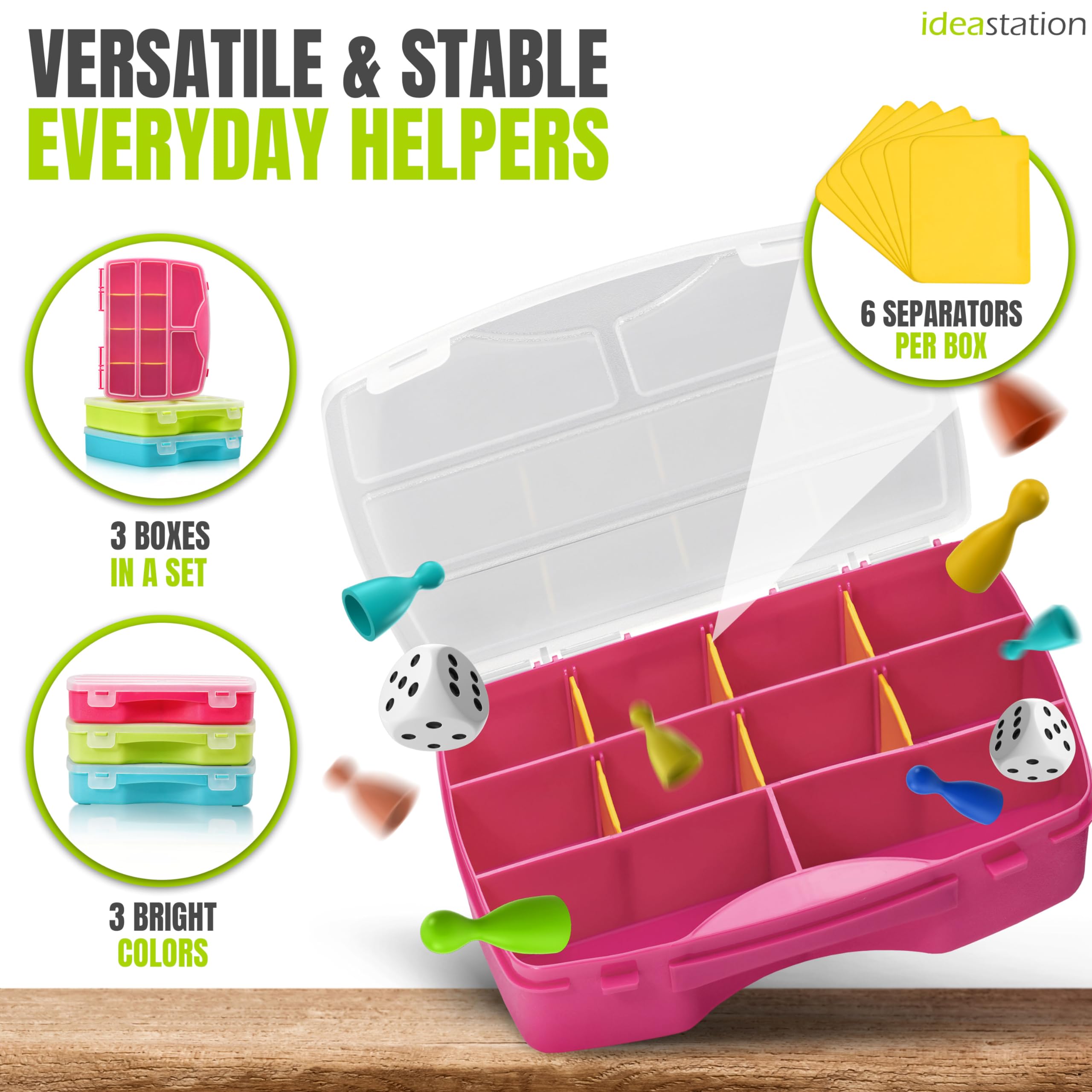 idea-station organiser box set 3 pieces, 19 x 15 cm, coloured, adjustable compartments, tool box, storage box, assortment box, screw case, boxes
