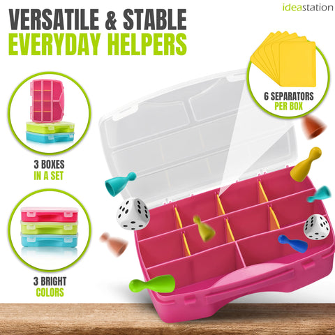 idea-station organiser box set 3 pieces, 19 x 15 cm, coloured, adjustable compartments, tool box, storage box, assortment box, screw case, boxes