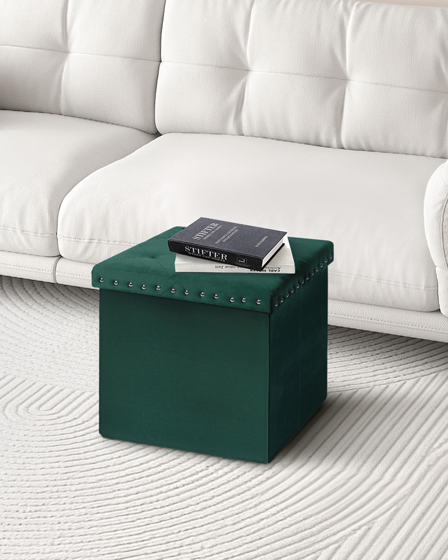 Bonlife Velvet Ottoman with Storage,Footstool Ottoman Seat,Green,40x40x40cm