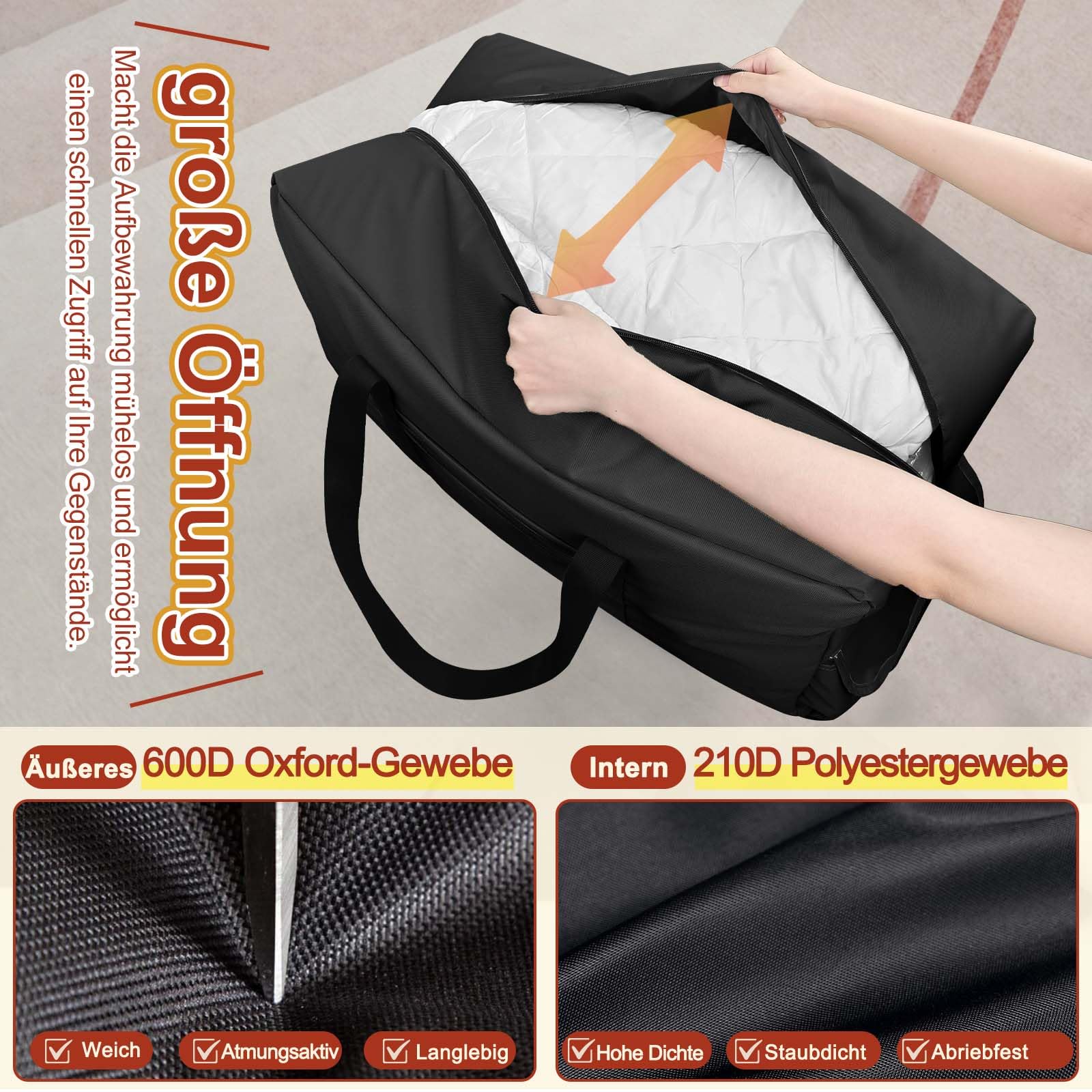 DSDCDJ Large Storage Bag, Heavy-Duty Moving Bags with Zips Handle, Black., 70x30x45cm, Nylon
