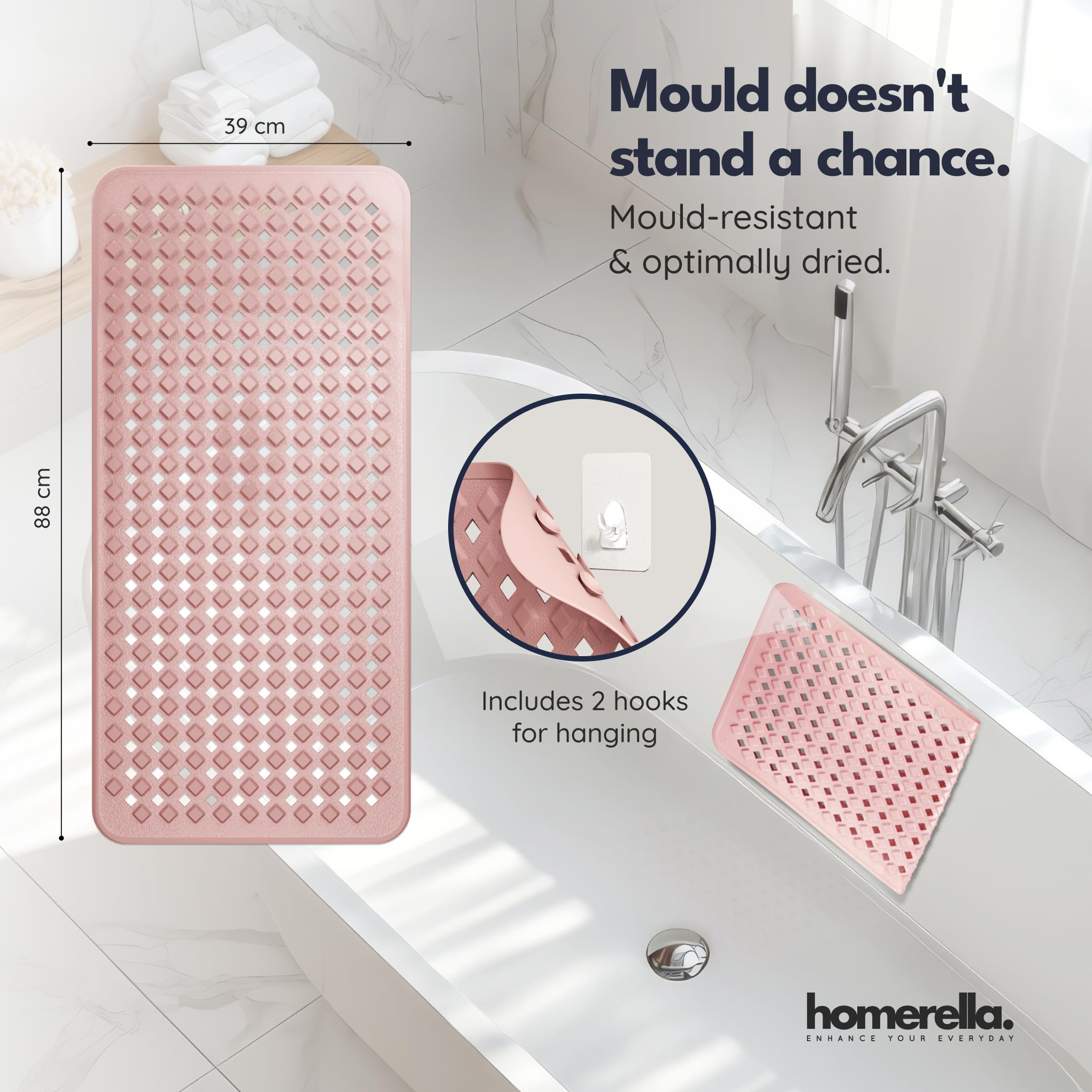 homerella Bath Mat Non Slip Anti Mould 88x39cm Shower Mat Non Slip Bath Mat