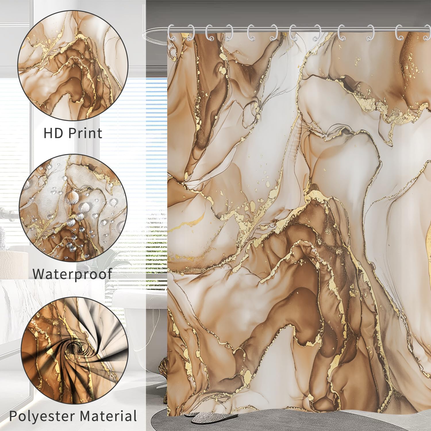 Hnmdmyi Marble Shower Curtain 180x180, Brown Gold Abstract Marble Bathroom Curtains Luxury Modern Aesthetic Art Ink Texture Waterproof Polyester
