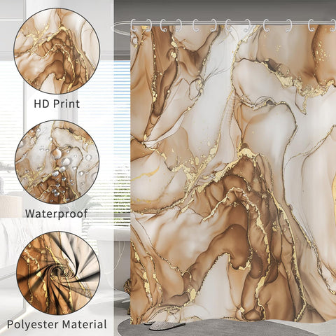 Hnmdmyi Marble Shower Curtain 180x180, Brown Gold Abstract Marble Bathroom Curtains Luxury Modern Aesthetic Art Ink Texture Waterproof Polyester
