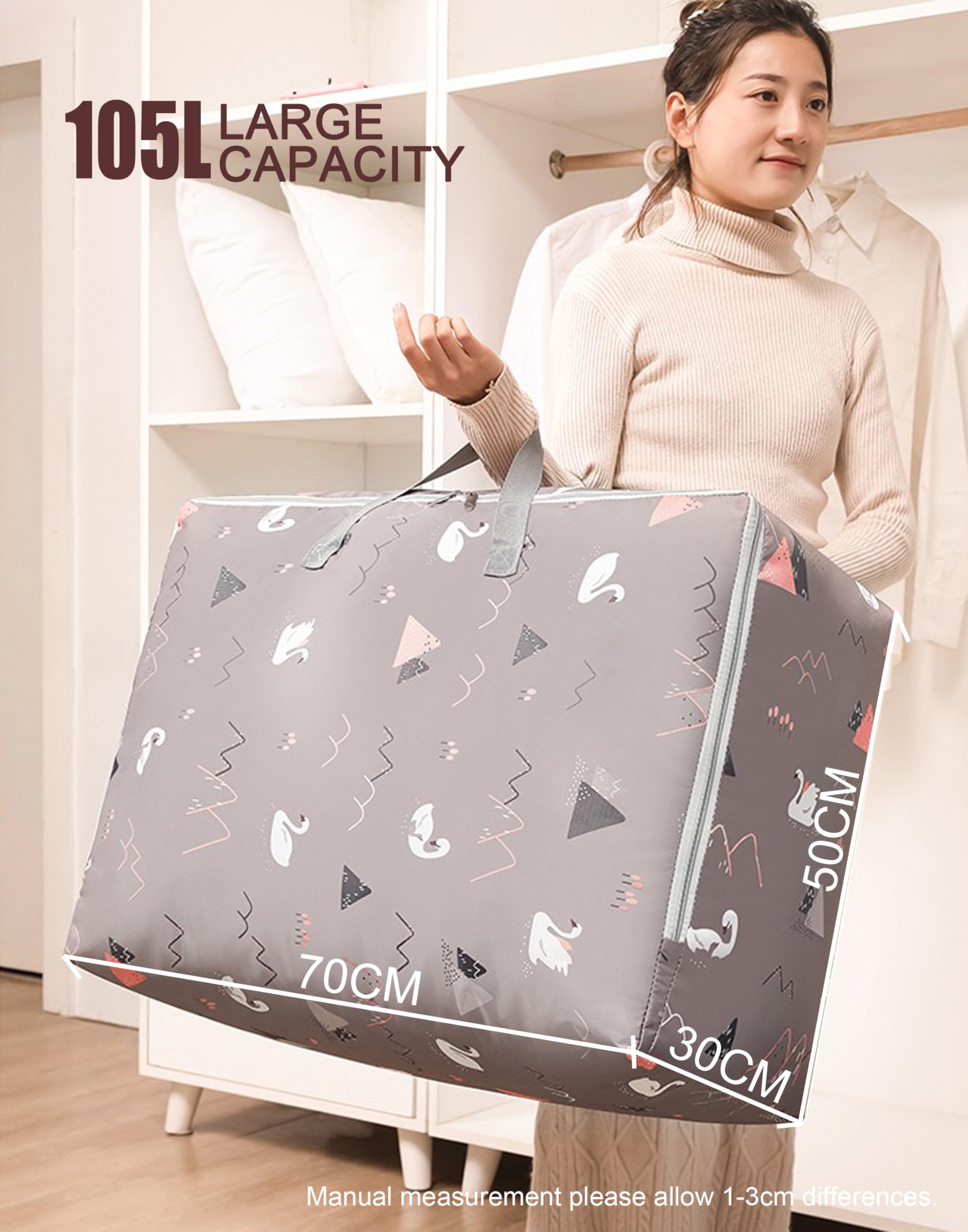 105L Large Storage Bag,Thicken Oxford Moving Bag Underbed Storage King Size with Zip Waterproof Moisture Proof for Clothes,Bedding,Pillows,Blankets