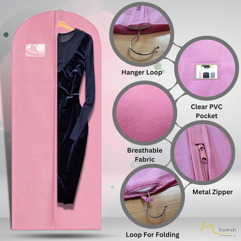 Hoesh UK Women Pink 72 Inches Breathable Bridesmaids Long Zip Wedding Gown Dress Travel Storage Garment Cover Bag