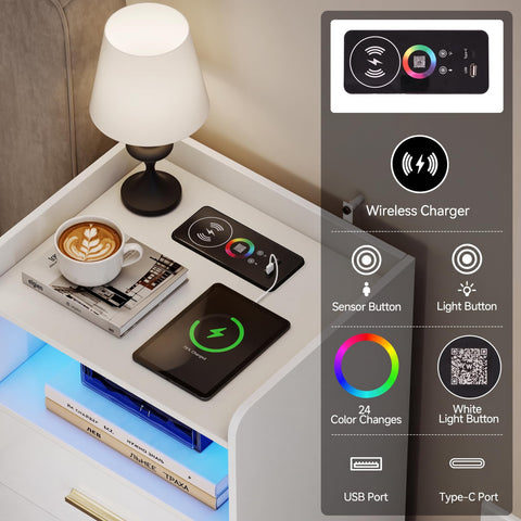 Quikraen Bedside table with 2 Drawers, wireless charging and LED light