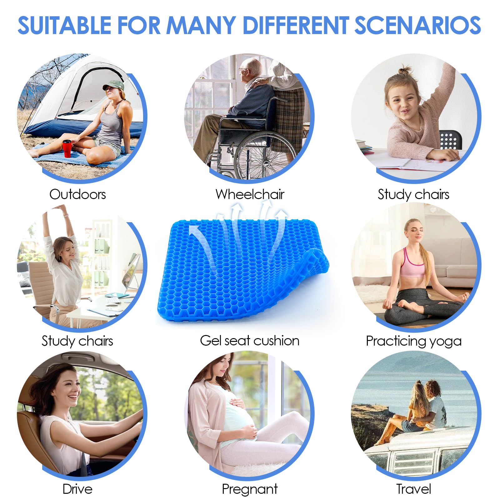 wiksite Gel Seat Cushion, Honeycomb Design Double Thick Gel Cushion with Cloth Cover Ergonomic & Cool Seat Cushion for Home Office Chair Car
