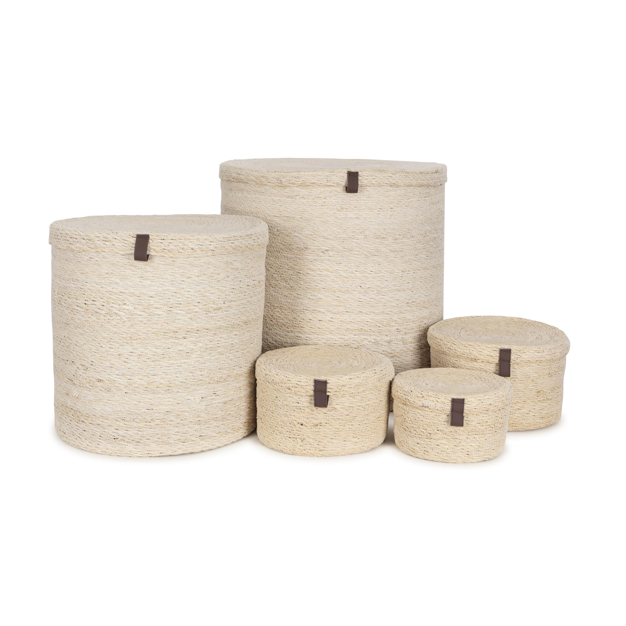 Olly & Rose Set 3 Natural Seagrass Storage Baskets with Lids - Bleached Off-White - Durable 25,22,19cm Premium Home Decor