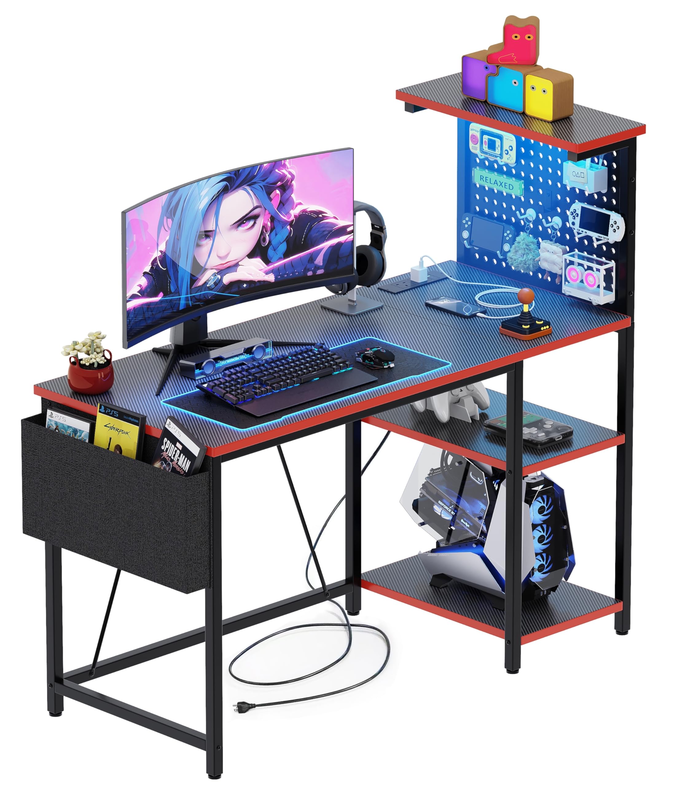 Xyphren Gaming Desk with Pegboard & Power Outlet & LED Light, Small Computer Desk with Reversible Shelves for Corner Home Office Desk, 140 * 50cm