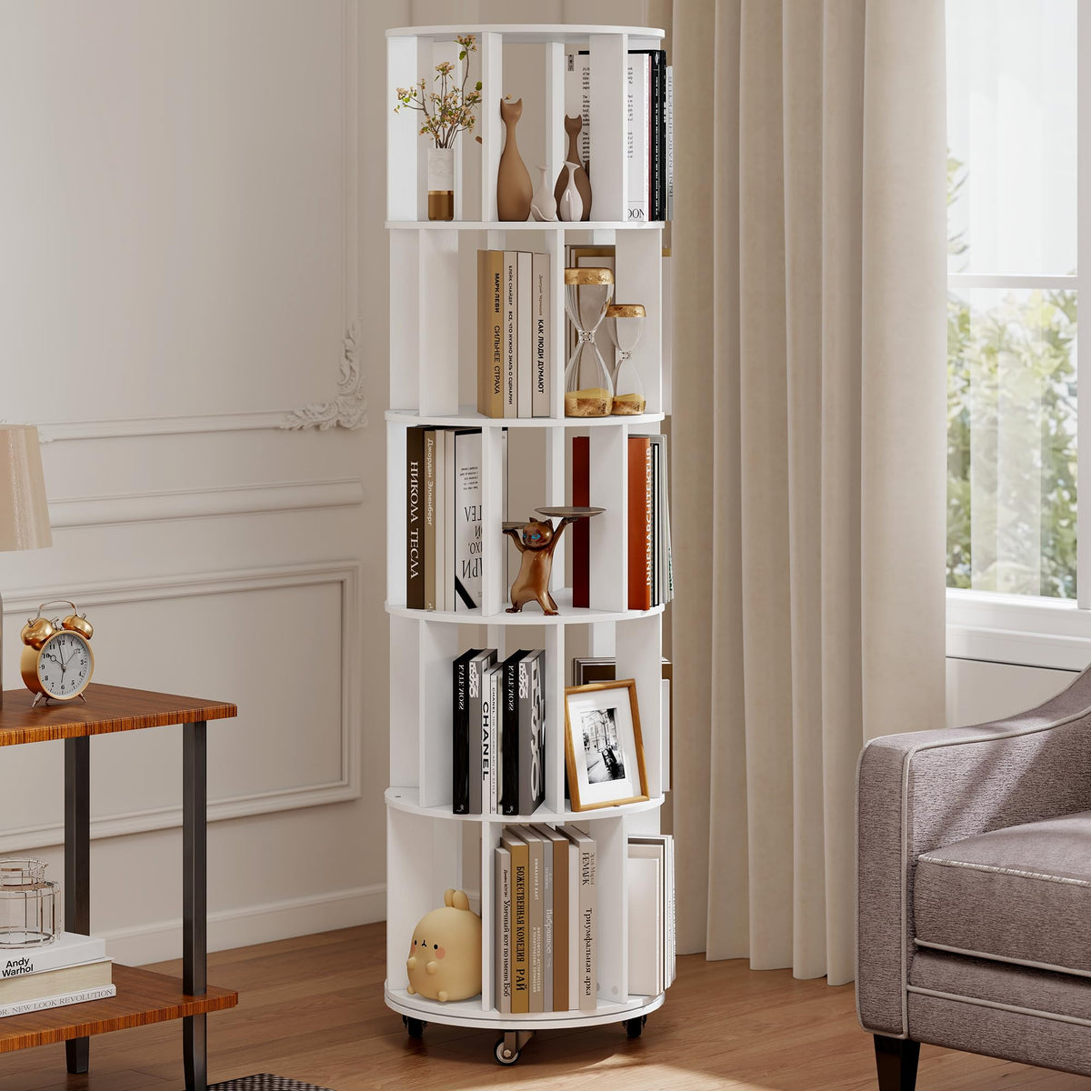 Turosur 5-Tier Rotating Bookshelf, 360° Revolving Bookcase Floor Standing