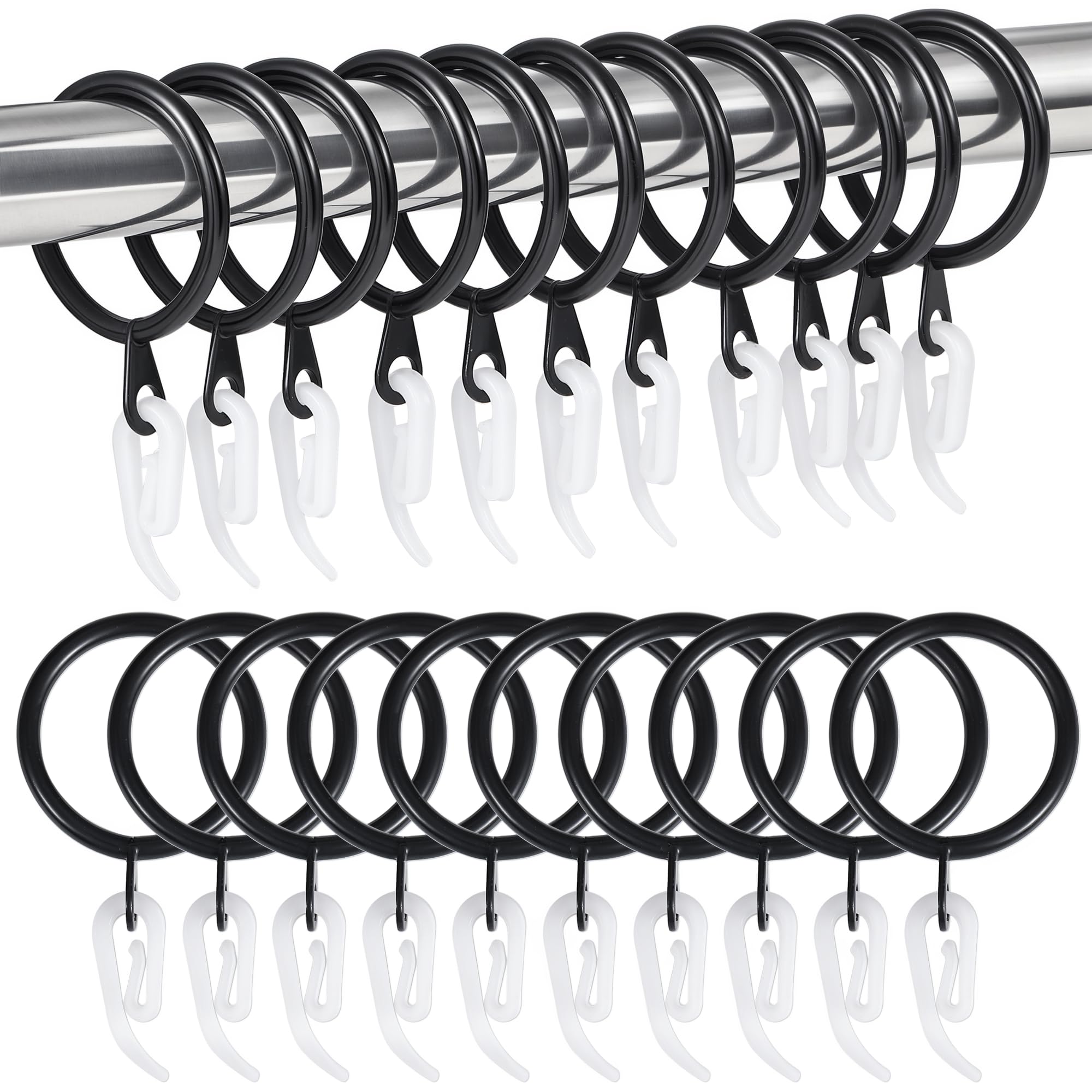 24 Pieces black metal curtain rings and 24 Pieces white plastic Curtain Hooks for curtains (30mm internal diameter)