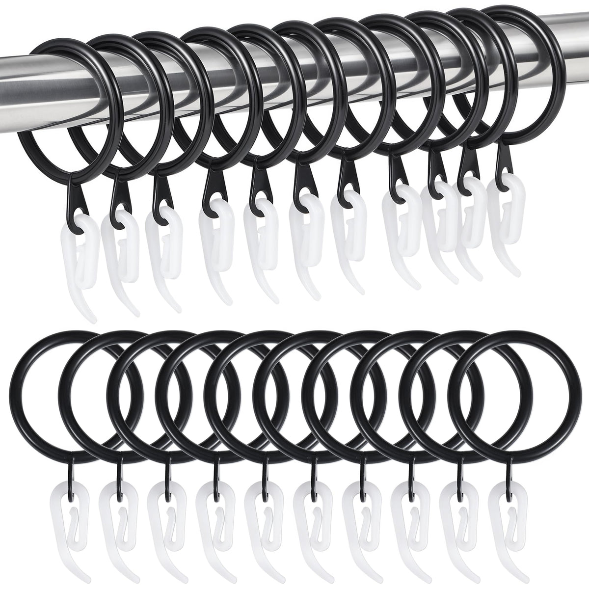 24 Pieces black metal curtain rings and 24 Pieces white plastic Curtain Hooks for curtains (30mm internal diameter)