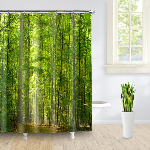SRJ2018 Woodland Decor Shower Curtain Set Deciduous Forest in Summertime Foliage Sunlight Romantic Holidays Scenics Bathroom Accessories 180x180CM