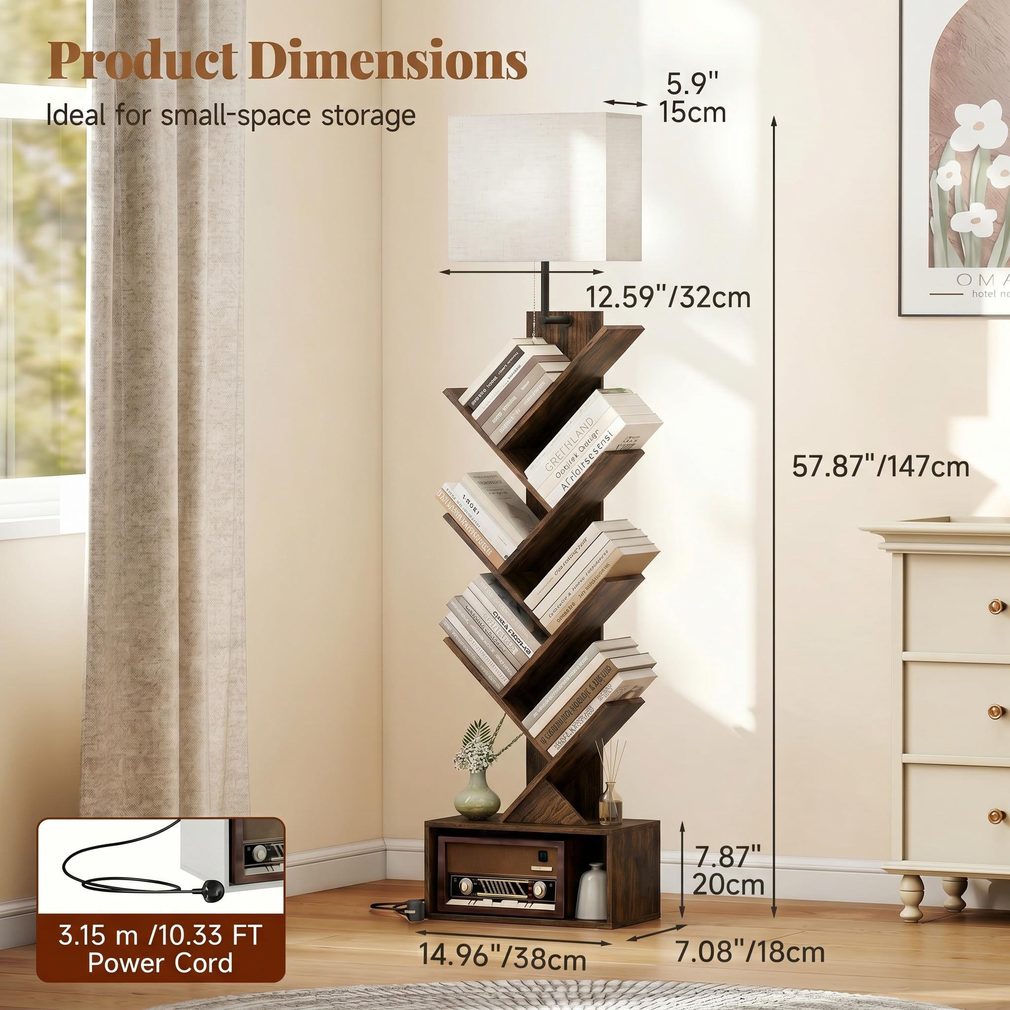 Quikraen 6-Tier Tree Bookshelf with LED Light, Rustic Brown