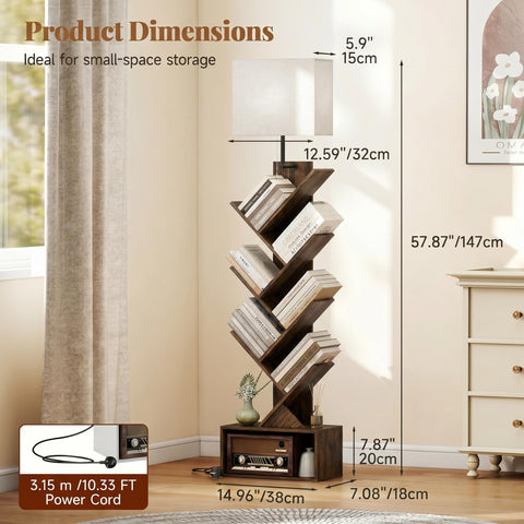Quikraen 6-Tier Tree Bookshelf with LED Light, Rustic Brown