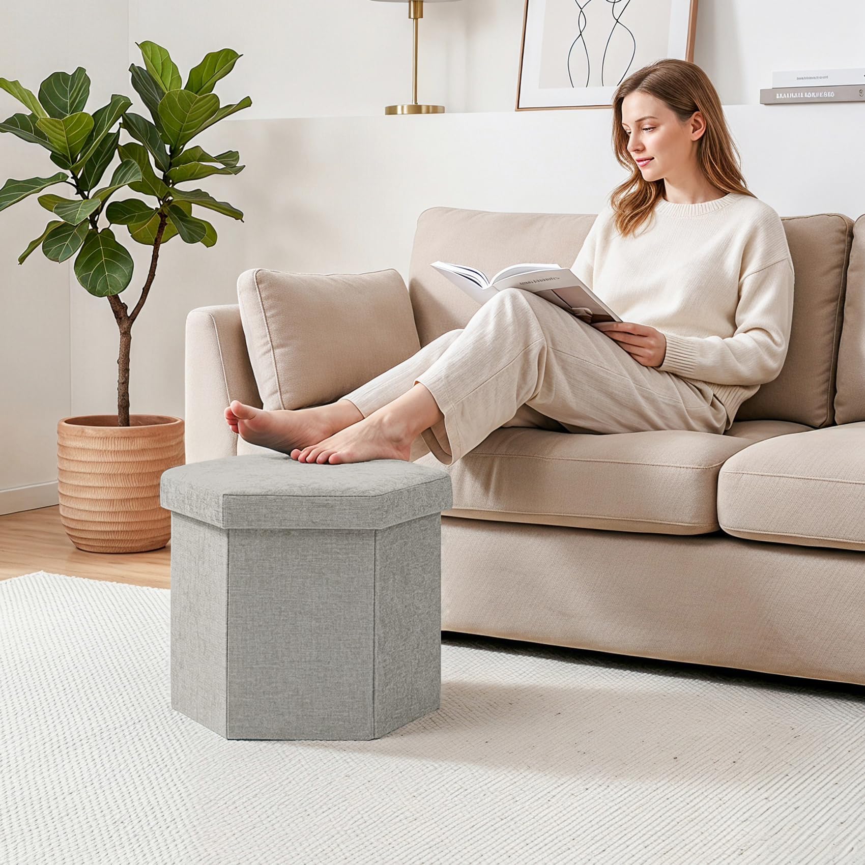 PINPLUS Chenille Ottoman Storage Box, Hexagonal Folding Stool, Silver Grey