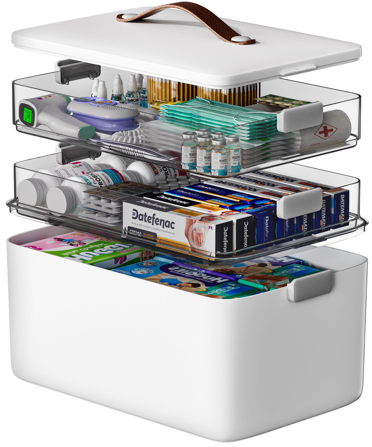 CTIME Extra Large Medicine Storage Box - 3-Tier Medication Organizer with Portable Leather Handle