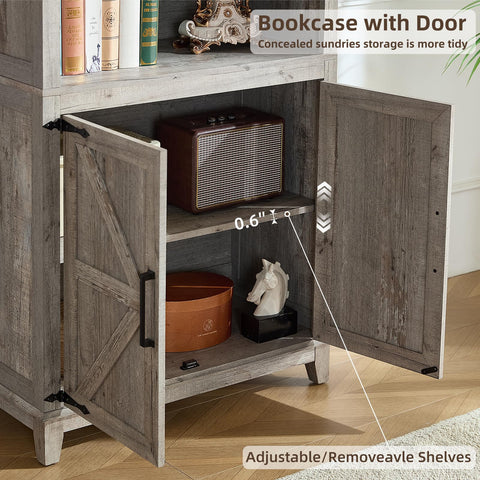 LELELINKY 70in Tall Bookshelf 5 Tier Bookcase with Barn Doors and Adjustable Shelves, Oak Farmhouse Book Shelf with Storage Cabinet