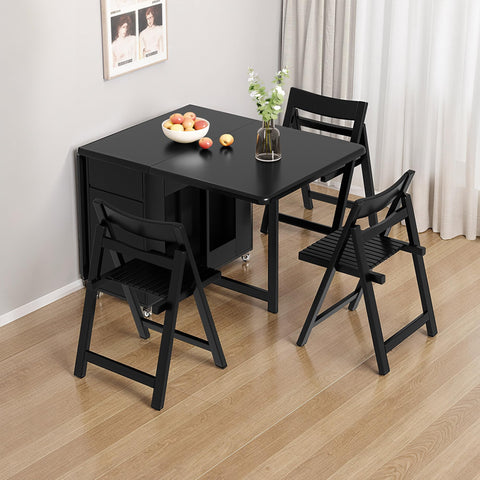 GildedGrove Solid Wood Folding Dining Table - Retro Black Finish with Wheels & Storage | Mobile Long Table for 4-6 People