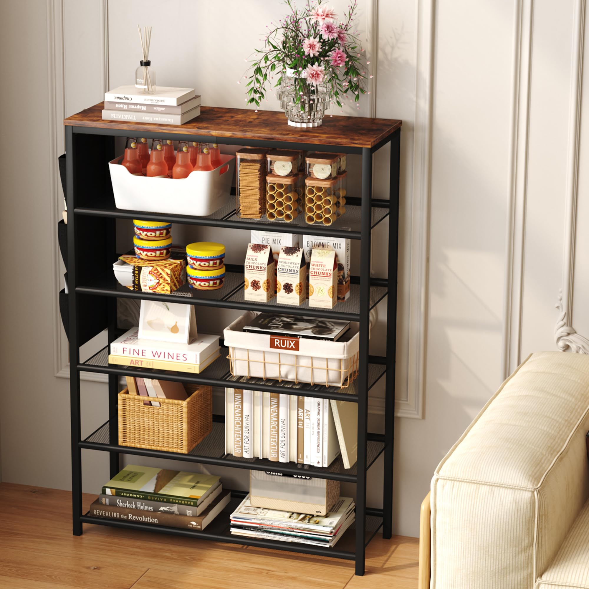 HOME BI 6-Tier Shoe Rack, Shoe Storage Organizer with Adjustable Mesh Shelves and Side Hanging Pockets, Shoe Stand Shelf for Entryway Hallway