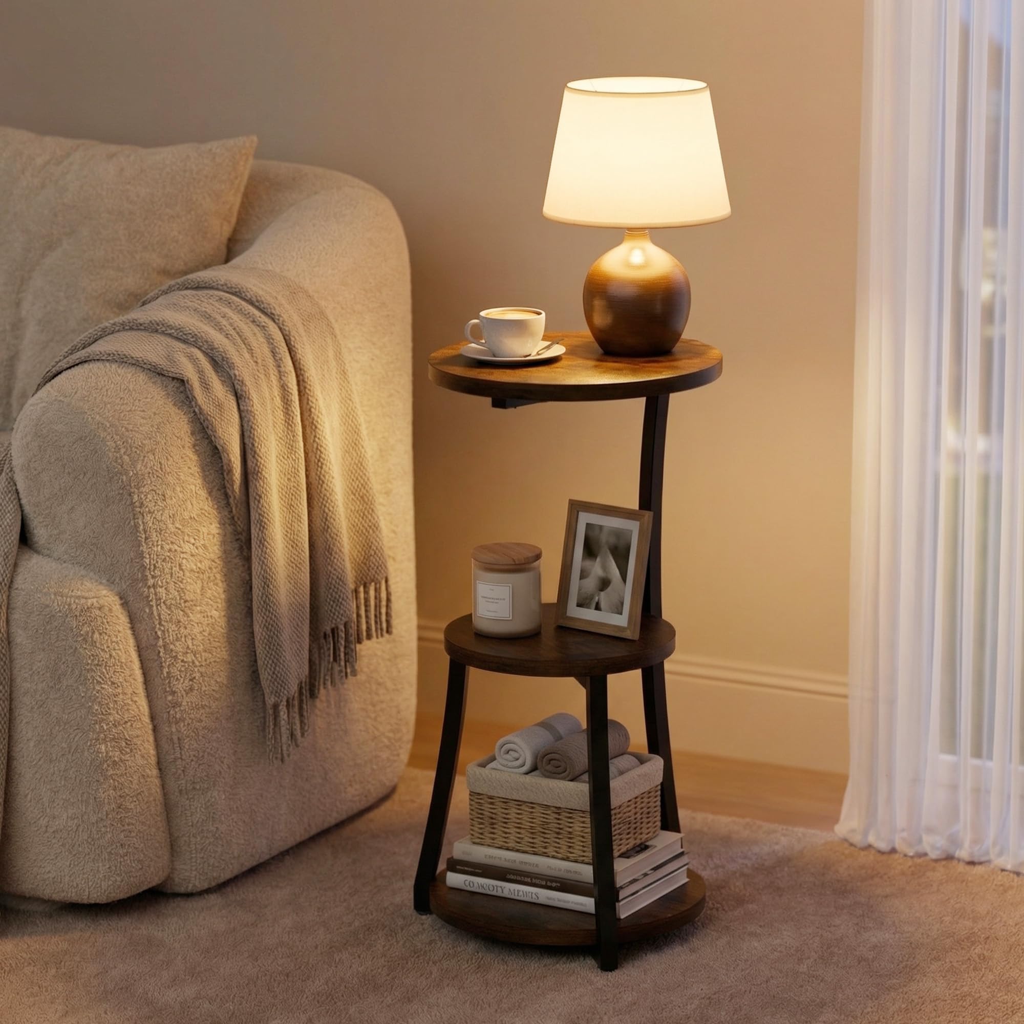 JUSTOGO Small Round Side Table, 3-Tier End Table for Small Spaces