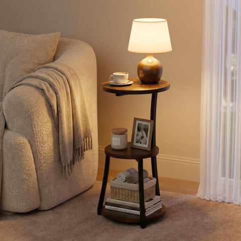 JUSTOGO Small Round Side Table, 3-Tier End Table for Small Spaces
