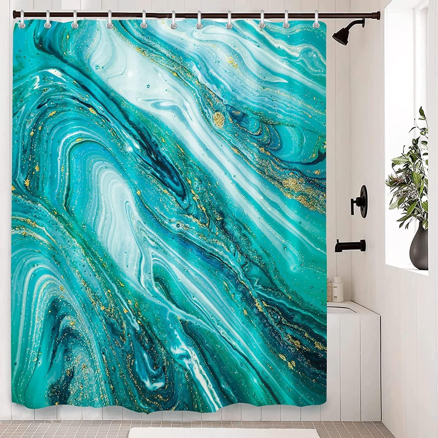 LIVETTY Mint Green Abstract Shower Curtain 200×200cm with 12 Hooks Mint Light Green Shower Curtain Turquoise Teal Fabric Bathroom Curtain Washable