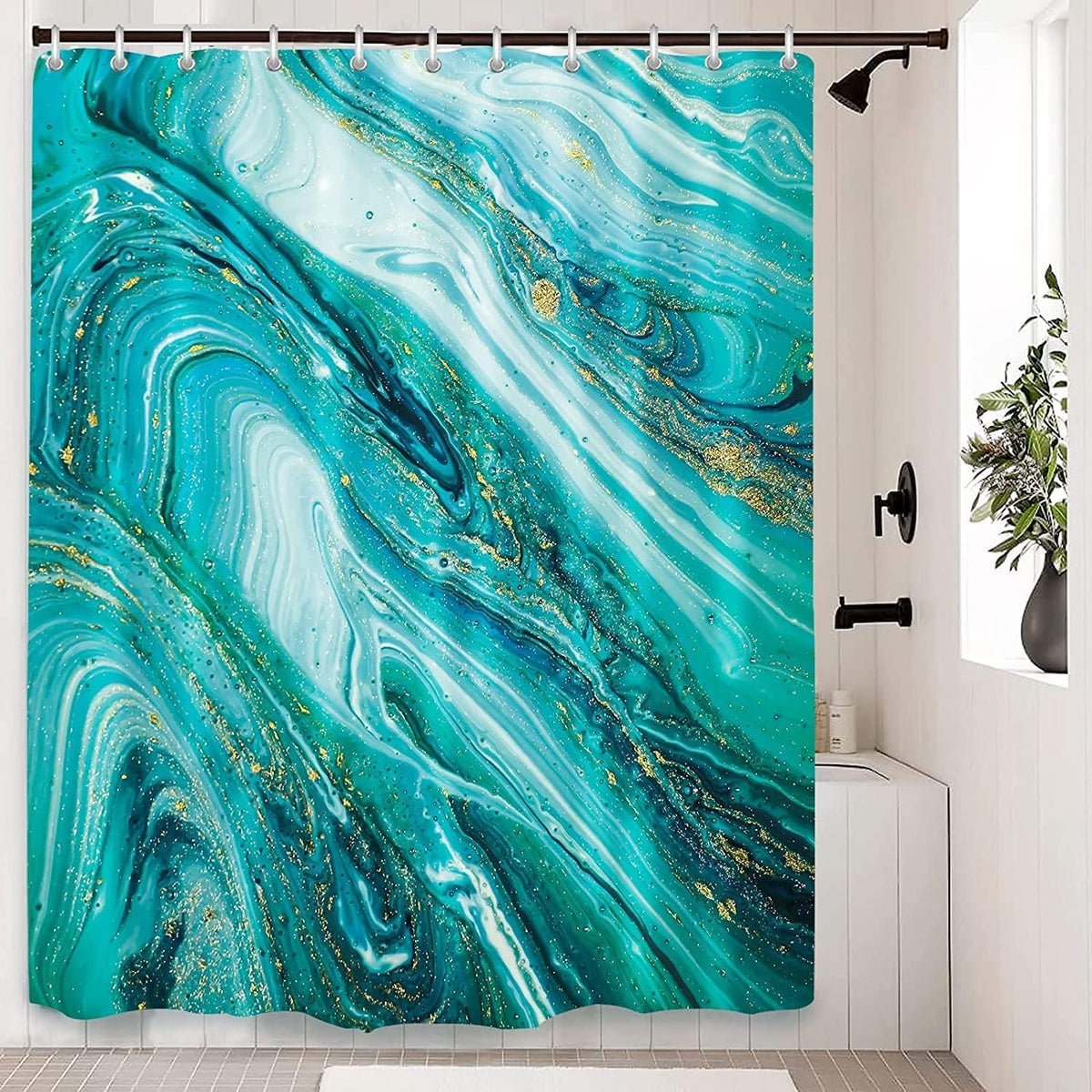 LIVETTY Mint Green Abstract Shower Curtain 200×200cm with 12 Hooks Mint Light Green Shower Curtain Turquoise Teal Fabric Bathroom Curtain Washable