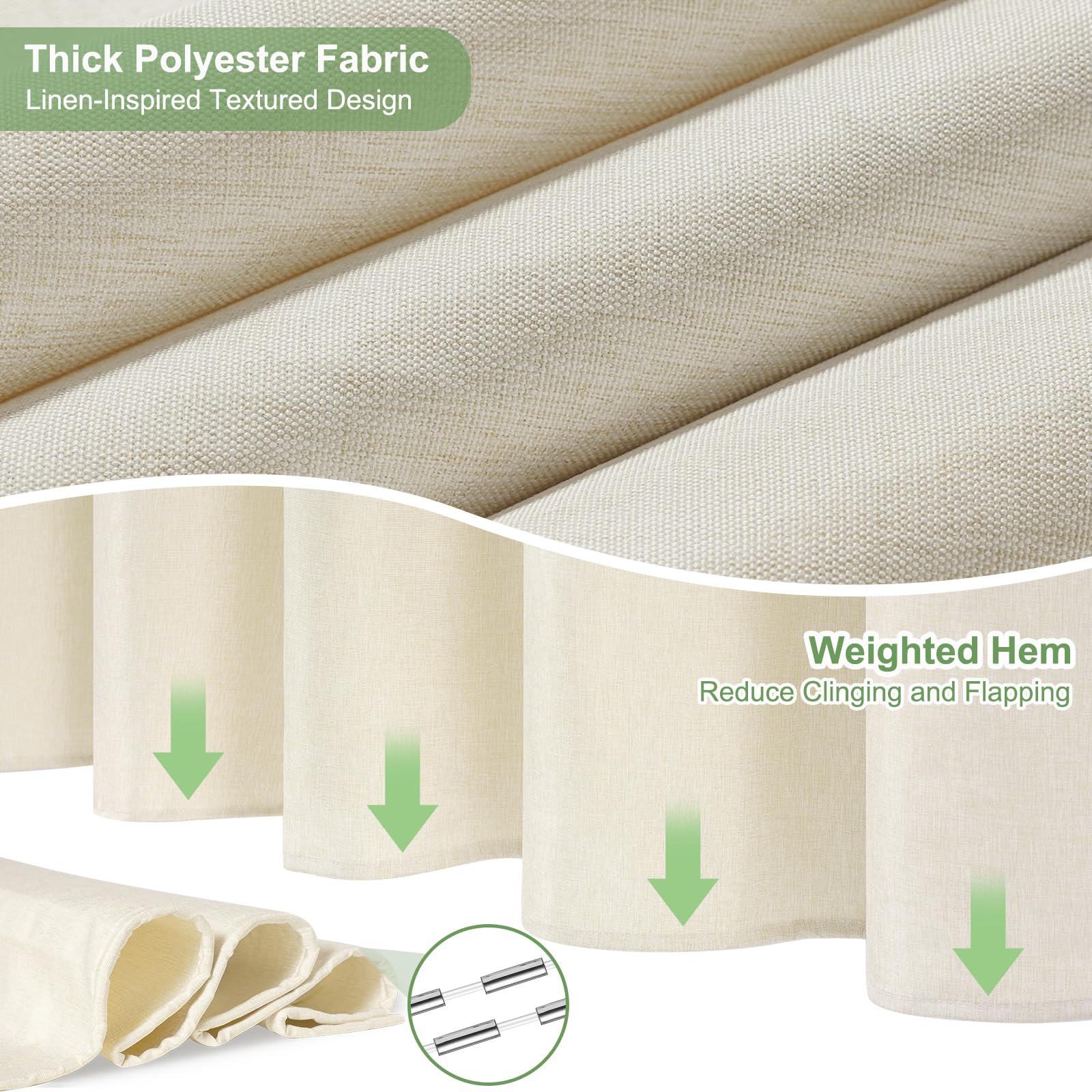 Hotel Style No Hook Rustic Linen Shower Curtain for Bathroom 230GSM Thick Fabric Texture Shower Curtains, Enhanced Waterproof, Weighted Hem
