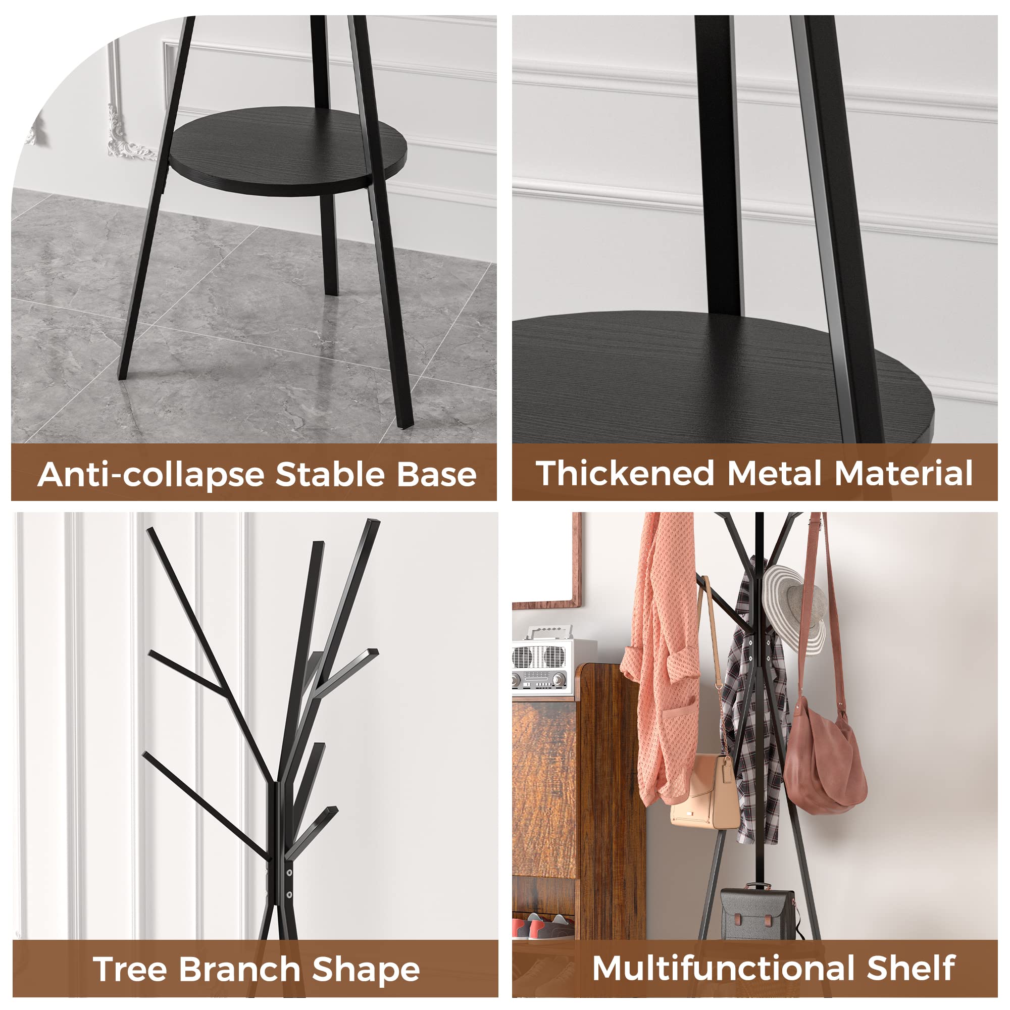 HOME BI Coat Rack Stand, Entryway Standing Coat Tree,Hat Stand Coat Hanger with 9 Hooks for Holding Jacket, Handbag, Clothes, Hats, and Scarves, Black