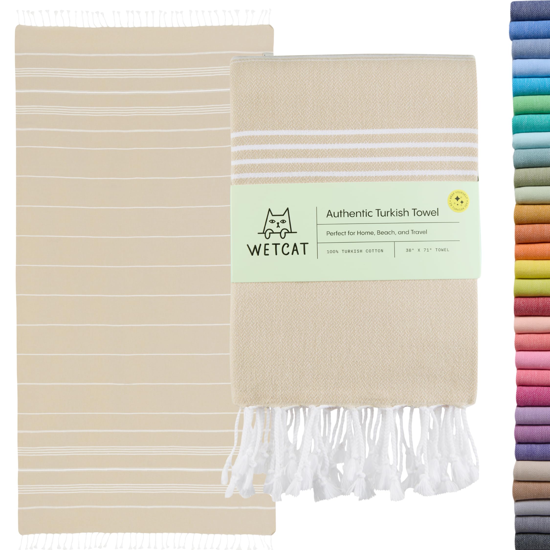 WETCAT Turkish Beach Towel Oversized 38x71 100% Cotton Sand Free Quick Dry Extra Large Light Travel Towel for Adults Beach Accessories Gifts - Beige
