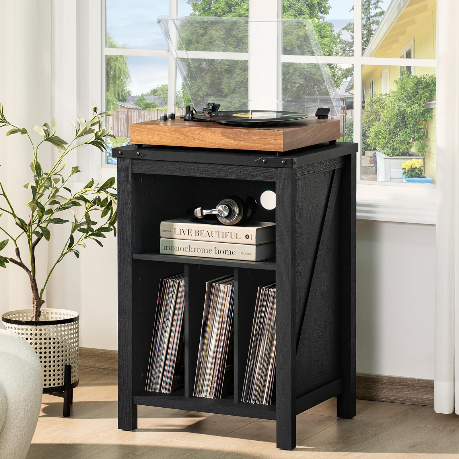 LELELINKY Record Player Stand with Vinyl Record Storage,Black