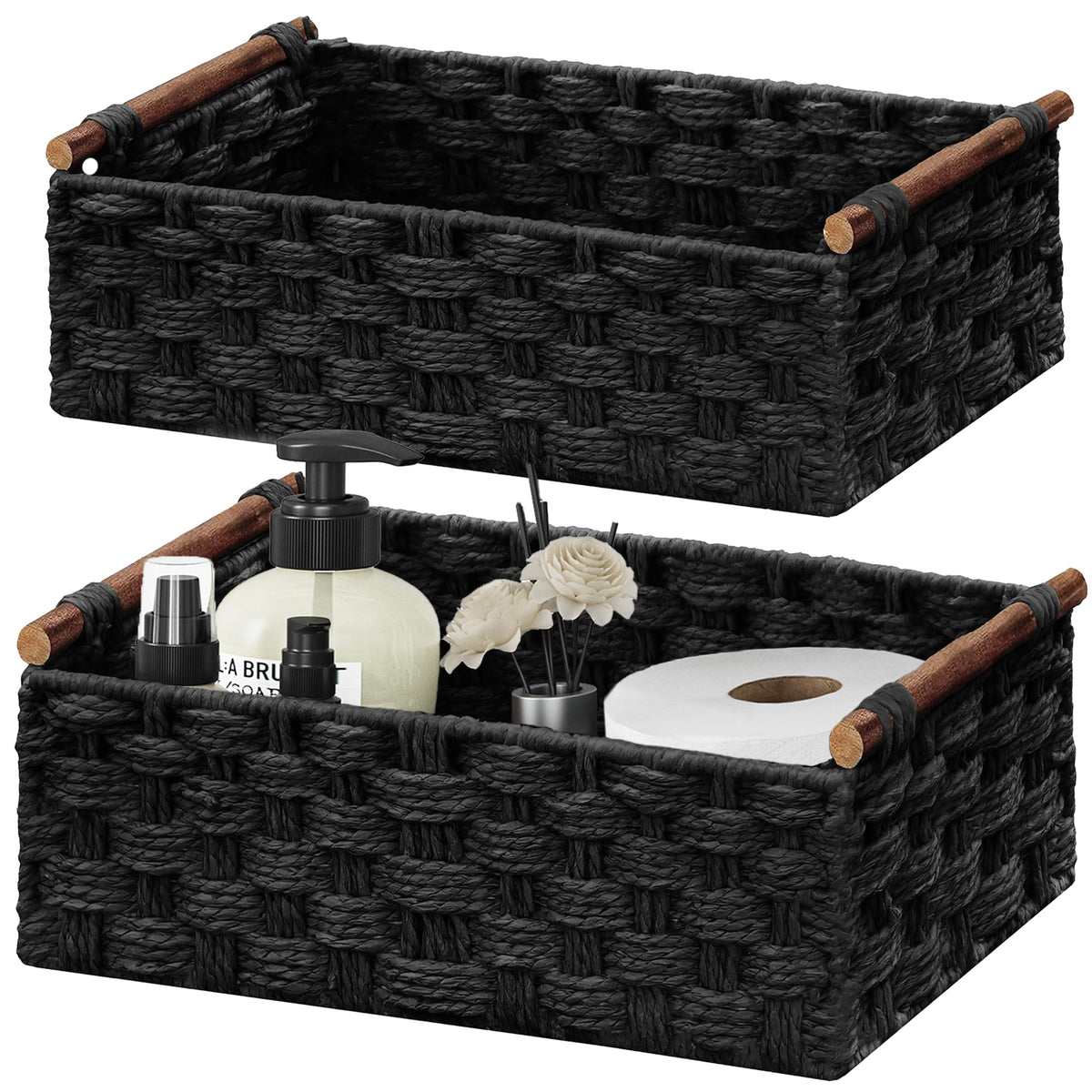 Vagusicc Wicker Storage Basket with Handle, Set of 2 Handwoven Paper Rope Storage Basket for Shelves