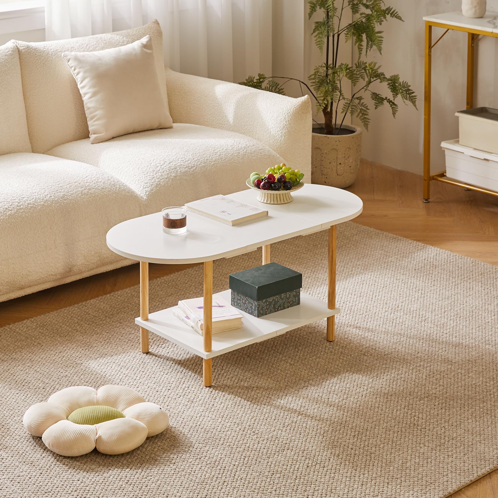 Aibiju Oval Coffee Table White, Small Wooden Coffee Table for Small Space, Splicing Design 35 * 16 * 17in