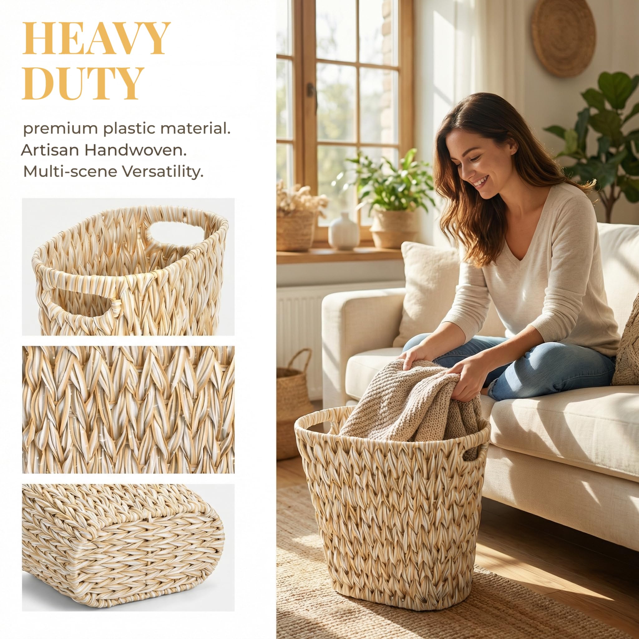 Pumtus Wicker Waste Bin, Plastic Woven Trash Basket with Built-in Handles, Bathroom Garbage Storage Can, Boho Rubbish Container for Bedroom, Bathroom