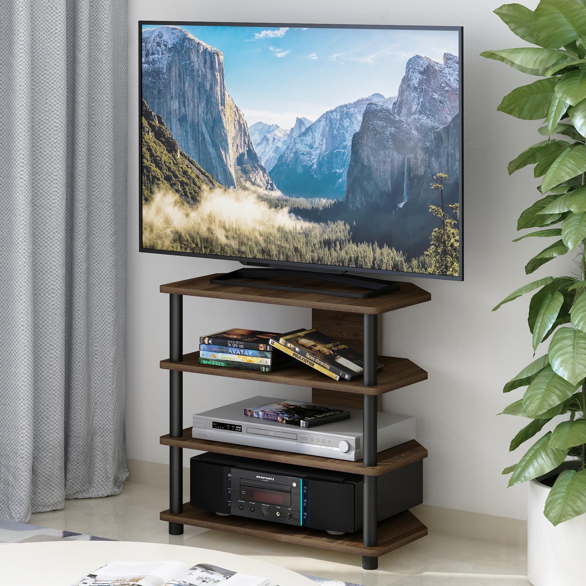 Furinno ECON TV Stand, 4-Tier Petite Entertainment Center, TV Console for TV up to 32 Inch, Easy Assembly, for Living Room, Bedroom, Columbia Walnut