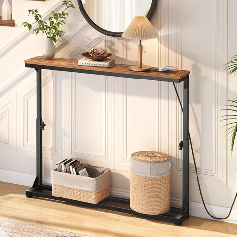 HOOBRO Slim Console Table with Adjustable Height (63.5-83.5 cm), Behind Sofe Table with Charging Station, 100 cm Narrow Console Table for Hallway