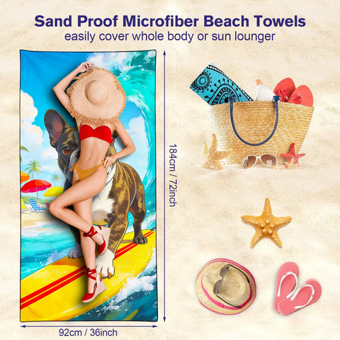 Violetpos Surfing French Bulldog Beach Towel, Extra Large 180x90 cm 250GSM Microfibre, Sand Free Quick Dry