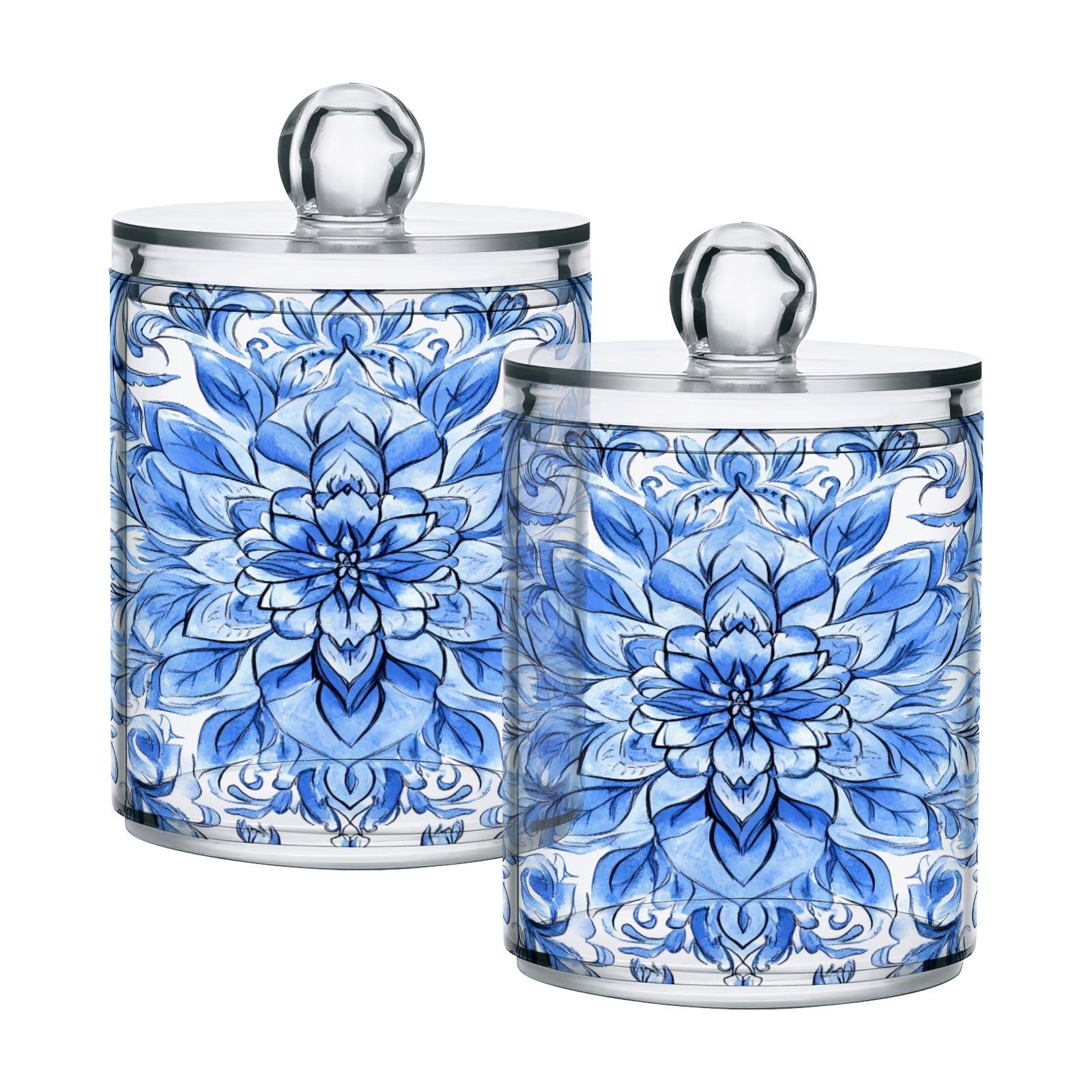 Ewusp White Blue Pattern Qtip Holder 2 PCS Clear Plastic Apothecary Jars with Lid Cotton Pad Holder Dispenser Cotton Bud Holder Bathroom Storage