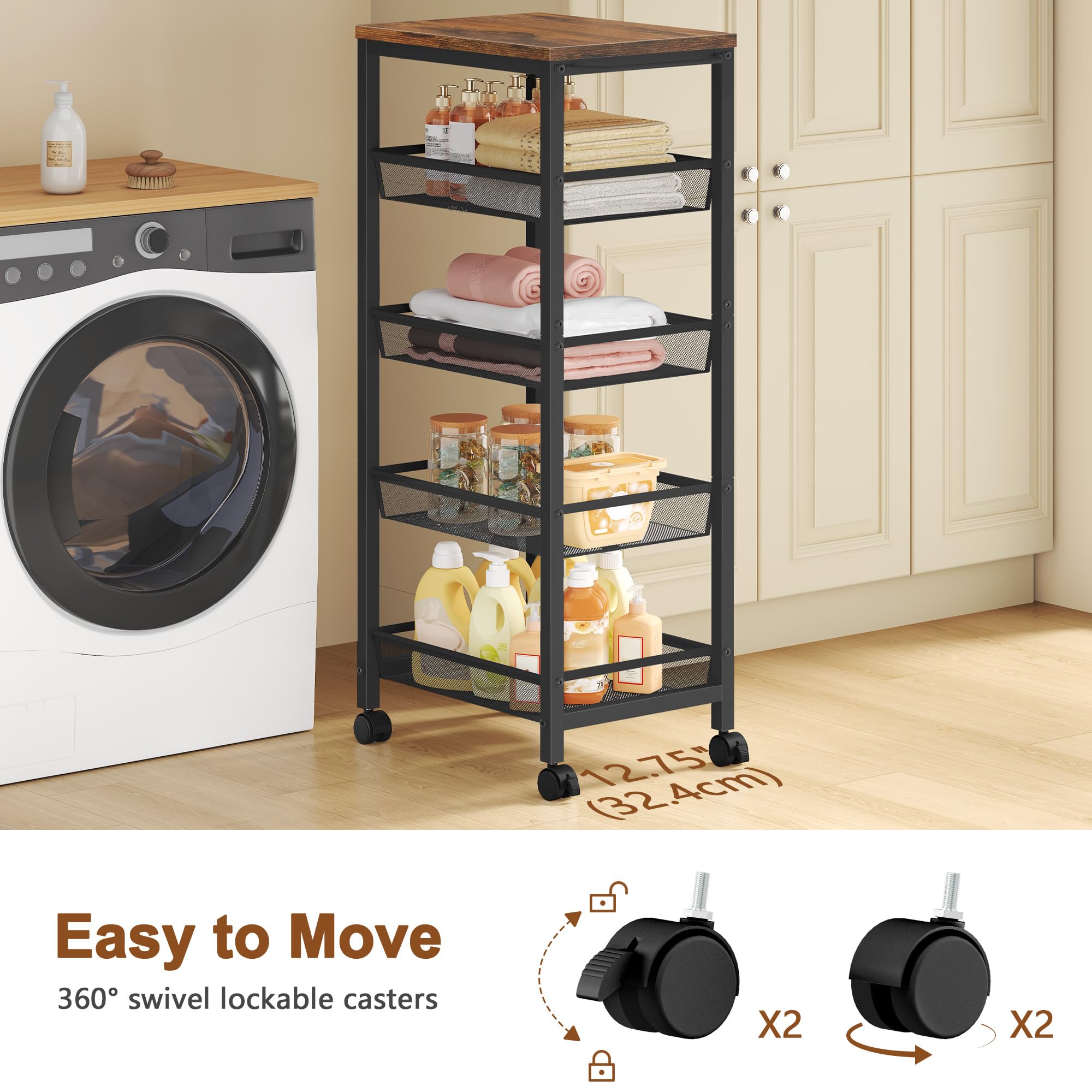 Hoctieon Slim Rolling Storage Cart, 5-Tier Narrow Kitchen Storage Cart with Handle & Wheels, Mobile Shelving Unit, Wooden Top & Metal Frame