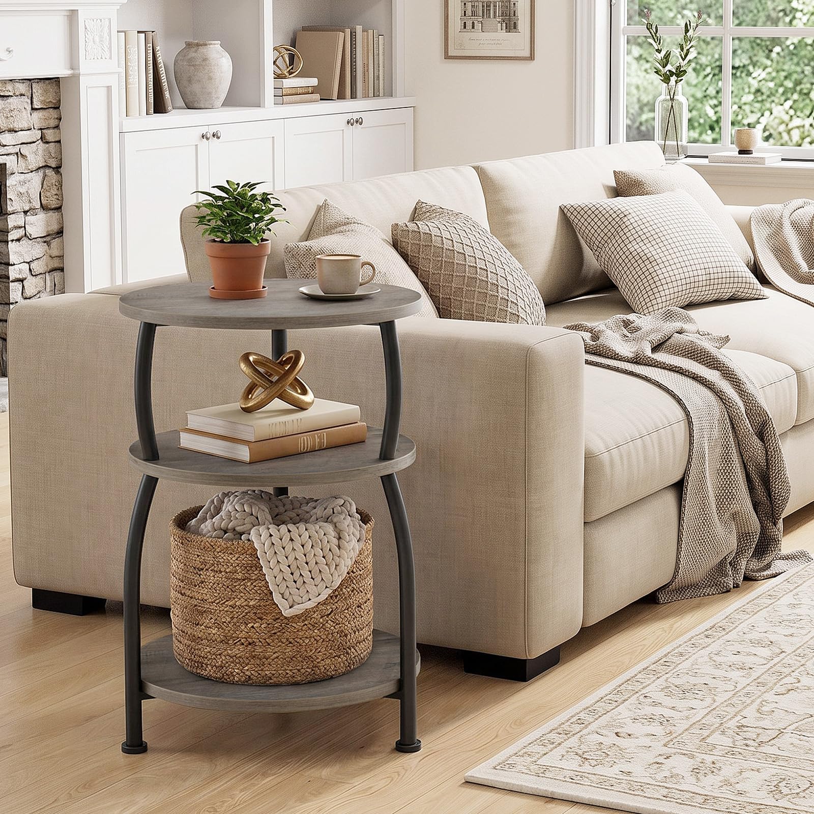 Yuede 3 Tier Side Table, Round Coffee Table, End Table with Storage Shelf, Bedside Table, for Living Room, Bedroom, Metal Frame, 40 x 61 cm, Gray