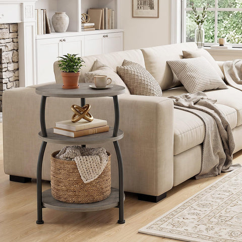 Yuede 3 Tier Side Table, Round Coffee Table, End Table with Storage Shelf, Bedside Table, for Living Room, Bedroom, Metal Frame, 40 x 61 cm, Gray